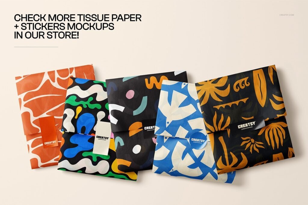 A Tissue Paper with Sticker Mockup is great for brands wanting to show off their designs. It makes your work look both fun and professional.